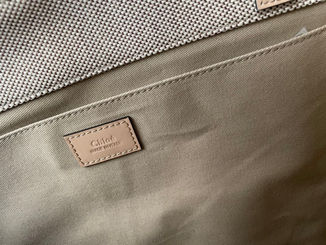 LAGRE WOODY TOTE BAG 45 IN BEIGE LINEN CANVAS BLACK WEBBING LOGO EMBROIDER NUDE CALFSKIN