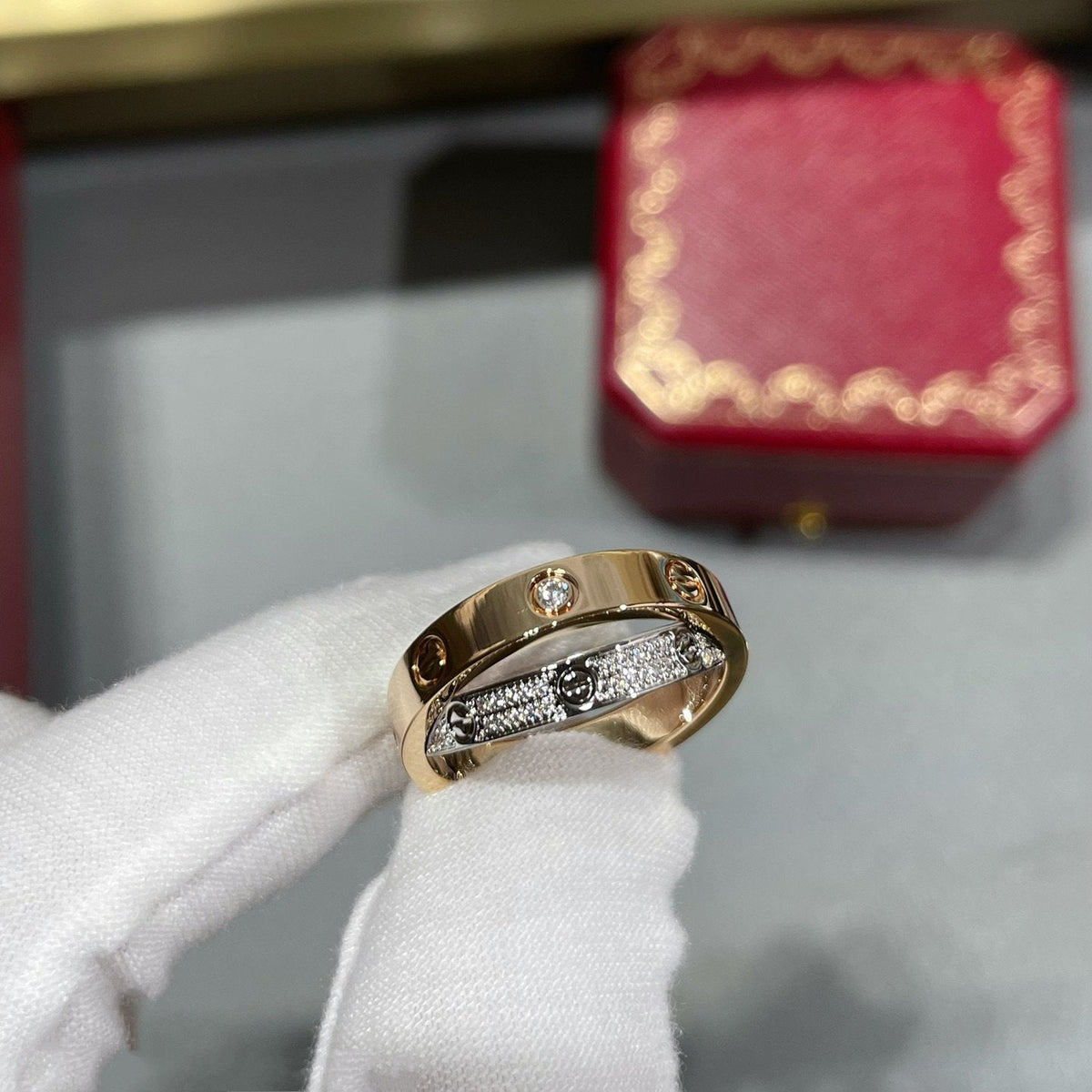 [AURORA]LOVE PINK GOLD SILVER DIAMOND DOUBLE RING