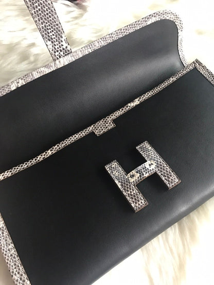 JIGE ELAN 29 CLUTCH IN BLACK CALFSKIN WITH WHITE LIZARD SKIN (MADE-TO-ODER)