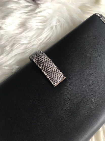 JIGE ELAN 29 CLUTCH IN BLACK CALFSKIN WITH WHITE LIZARD SKIN (MADE-TO-ODER)