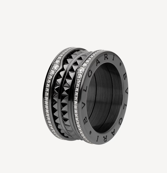 [AURORA]ZERO 1 ROCK FOUR-BAND BLACK CERAMIC WITH STUDDED SPIRAL AND PAVED DIAMONDS RING