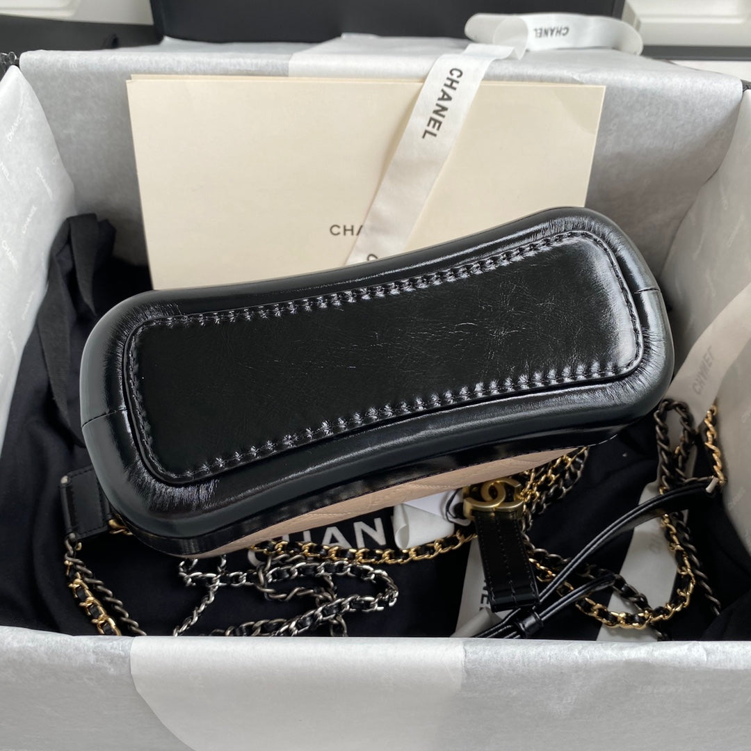 CC GABRIELLE MINI 20 HOBO BAG IN ALMOND BEIGE MIX BLACK CALFSKIN