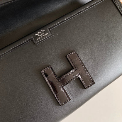 JIGE ELAN 29 CLUTCH IN BLACK CALFSKIN WITH LIZARD SKIN (MADE-TO-ODER)
