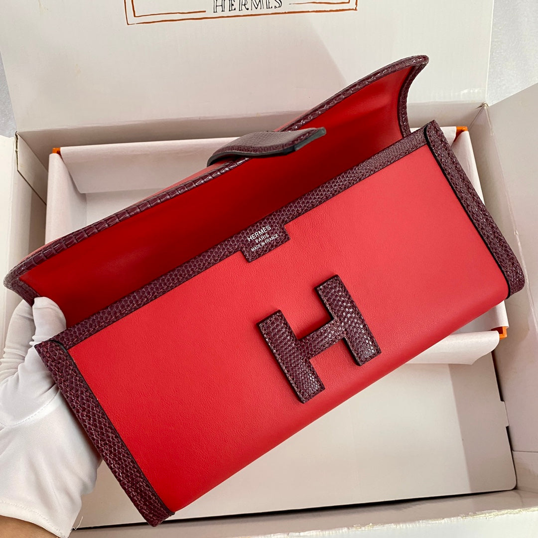 JIGE ELAN 29 CLUTCH IN CANDY RED CALFSKIN WITH WINE RED LIZARD SKIN (MADE-TO-ODER)