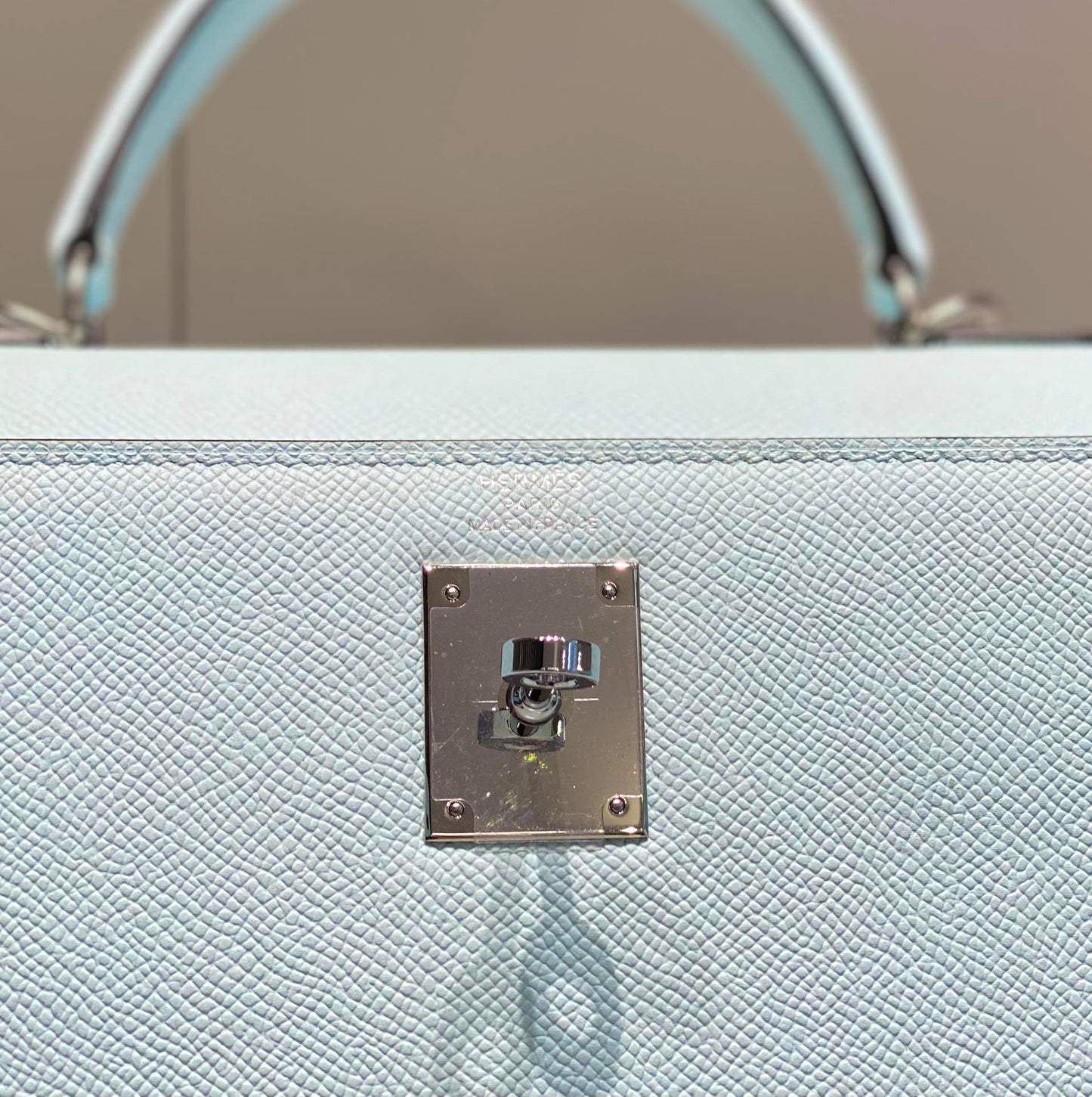 KELLY 28CM IN BLUE BRUME EPSOM CALFSKIN PALLADIUM HARDWARE