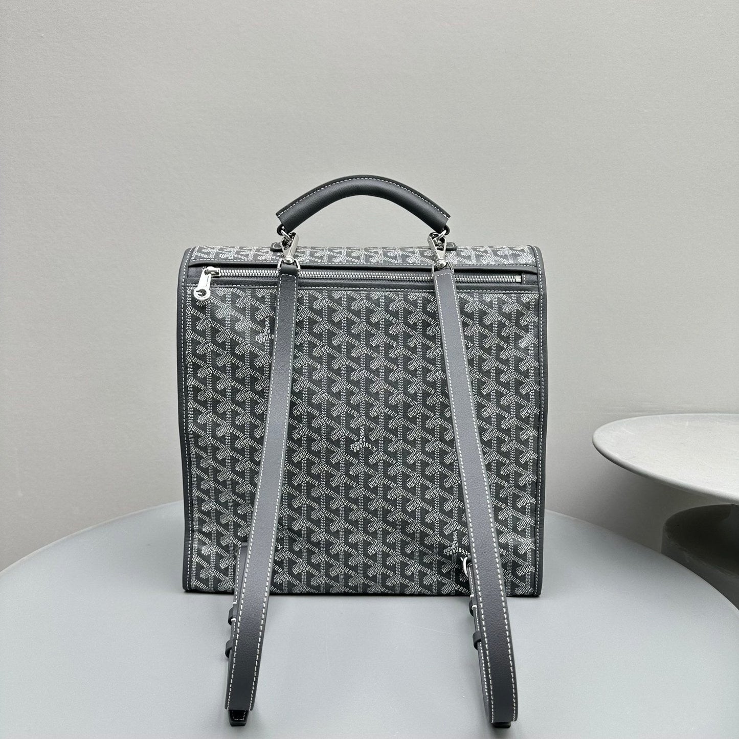 LEGER BACKPACK 37 IN GRAY GOYARDINE CANVAS WITH CALFSKIN TRIM