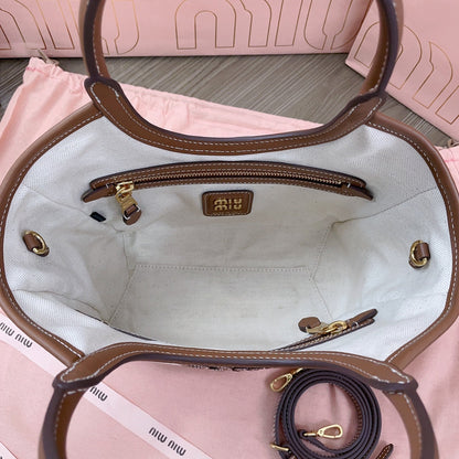 SMALL TOTE BAG 22 IN WHITE CANVAS AND BROWN CALFSKIN TRIM