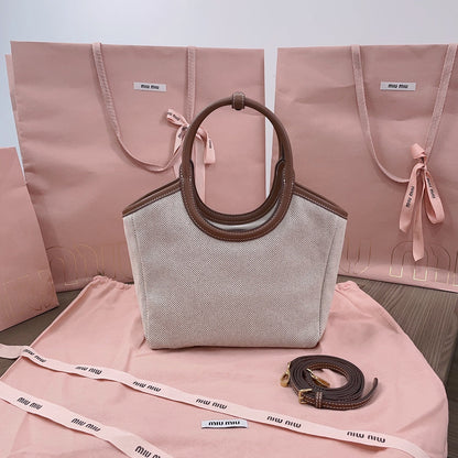 SMALL TOTE BAG 22 IN WHITE CANVAS AND BROWN CALFSKIN TRIM