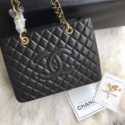 GST BLACE LEATHER SHOPPING BAG WITH GOLD HARDWARE