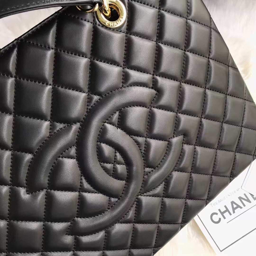 GST BLACE LEATHER SHOPPING BAG WITH GOLD HARDWARE