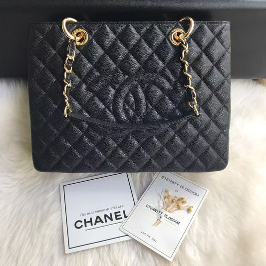 GST BLACK SPHERICAL LEATHER SHOPPING BAG WITH GOLD HARDWARE