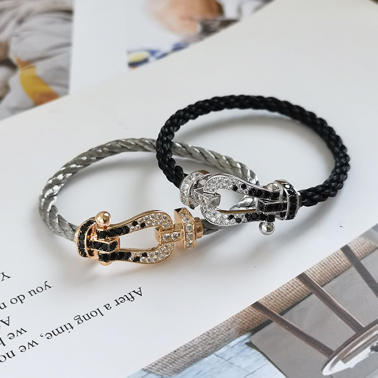 [AURORA]FORCE LARGE HORSESHOE BLACK WHITE DIAMOND BRACELET SILVER
