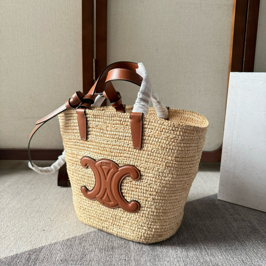 TEEN SUPPLE CELINE CLASSIC PANIER IN RAFFIA AND CALFSKIN TAN