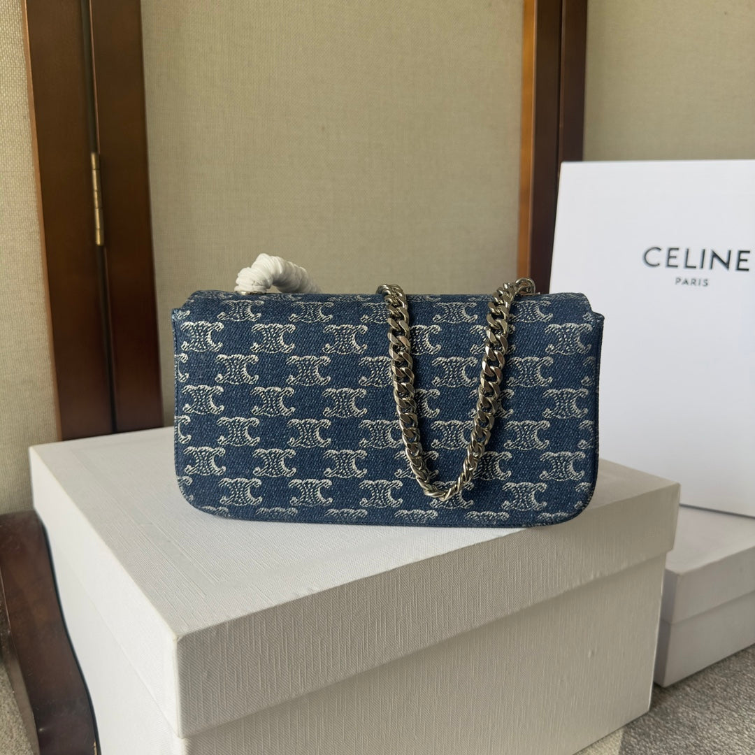 CHAIN SHOULDER BAG CLAUDE 20 IN BAYOUX BLUE TRIOMPHE DENIM SILVER HARDWARE