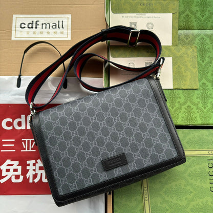 OPHIDIA MEDIUM MESSENGER FLAP BAG 27 IN DARK GREY AND BLACK CALFSKIN