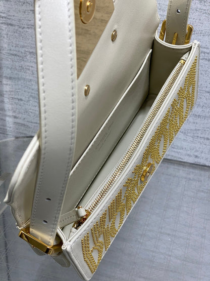 MINI 18 FLAP BAG IN WHITE LAMBSKIN WITH GOLD RHINSTONES
