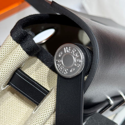 HERMES 25S MINI HERBAG 20 IN BEIGE AND BLACK CANVAS SILVER HARDWARE