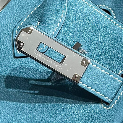 HERMES 25S SHOULDER BIRKIN 29 IN DENIM BLUE CALFSKIN SILVER HARDWARE