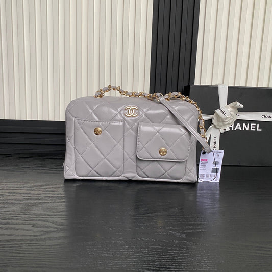 BOWLING BAG 29 IN GREY CALFSKIN GOLD HARDWARE