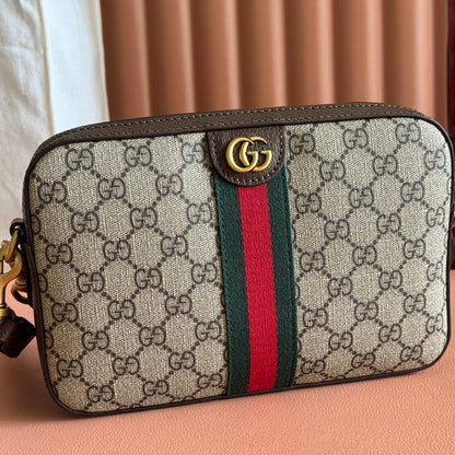 GG OPHIDIA SMALL CROSSBODY BAG 24 IN BEIGE CANVAS AND BROWN CALFSKIN