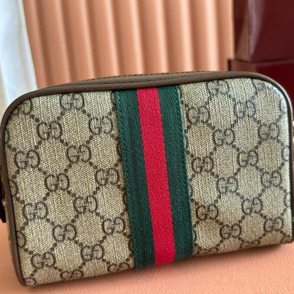 GUCCI 25S DESIGNER HANDBAG 18 IN BEIGE CANVAS AND BROWN CALFSKIN