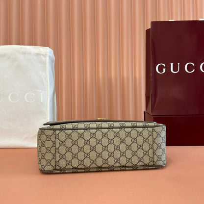 GUCCI 25S OPHIDIA LARGE CROSSBODY BAG 33 IN BEIGE CANVAS AND BROWN CALFSKIN