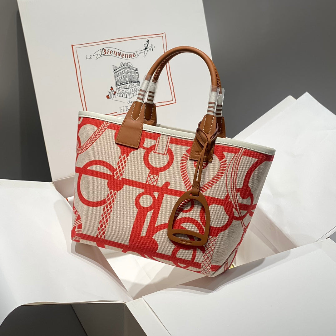 STEEPLE 28 BAG IN OFF-WHITE MIX LIGHT RED CANVAS AND BROWN SWIFT LEATHER