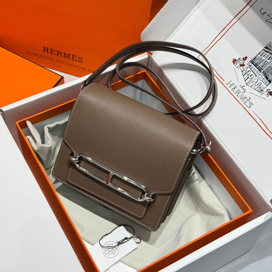 HM ROULIS 18 MINI BAG IN DARK BROWN CALFSKIN SILVER-TONE HARDWARE