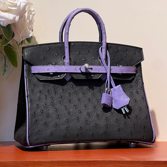 KELLY  SELLIER 25 BAG IN BLACK MIX AMETHYST PURPLE OSTRICH LEATHER (MADE-TO-ODER)