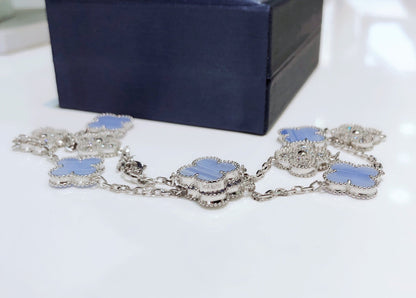 [AURORA]CLOVER 10 MOTIFS CHALCEDONY DIAMONDS SILVER NECKLACE
